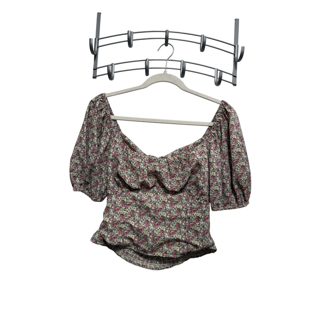 ASTR The Label Crop Top M Ditsy Floral Smocked Tie Back Puff Sleeve Y2K Fairy